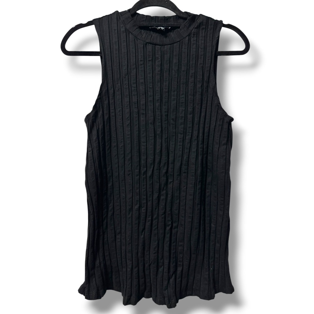 Eileen Fisher Ribbed Mock Neck Sleeveless Tencel Tank Top Black  S Quiet Luxury